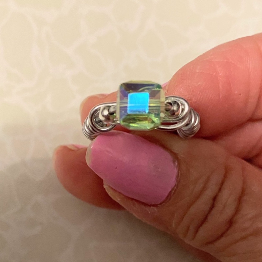 Iridescent Green Crystal Wire-Wrapped Ring size 6